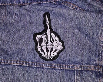 flip the bird patch, iron on patch, middle finger patch, flip the bird badge, skeleton hand patch, flipping the bird patch ,swearing hand