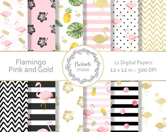 Flamingo digital paper - Tropical clipart - Scrapbook paper, Flamingo Digital Paper, Tropical Digital Paper, Commercial use - Pink and Gold
