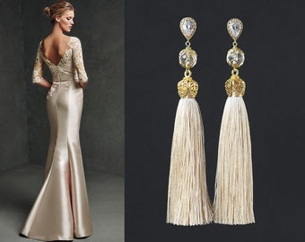 Cream color Natural Silk Tassels with Rock Crystals beads and Gold Plated Earrings Cubic Zirconia paved.