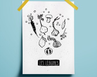 Art vegetables Words french Block print linocut Wall kitchen Dinner vegetarian Poster Tomato Healthy Eat printable Onion illustration fruit