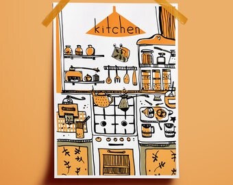 Poster decor kitchen Sweet home decor Kitchen illustration Coffee art download Print yellow kitchen Coffee art poster Poster yellow black