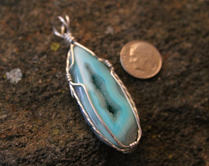 Aqua Blue Druzy Agate Sterling Silver Wire Wrap Pendant, Hippie BoHo Jewelry Statement Piece Colorful Turquoise Stone Necklace Gift for Her