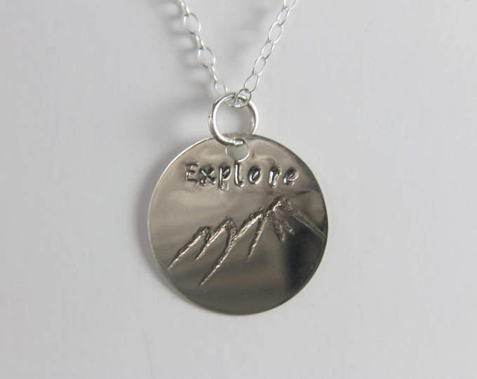 Explore Hand Stamped Pendant, Outdoors Mountain Necklace, Engraved Hiker Charm, Sterling Silver Custom Word or Name, Personalized Jewelry