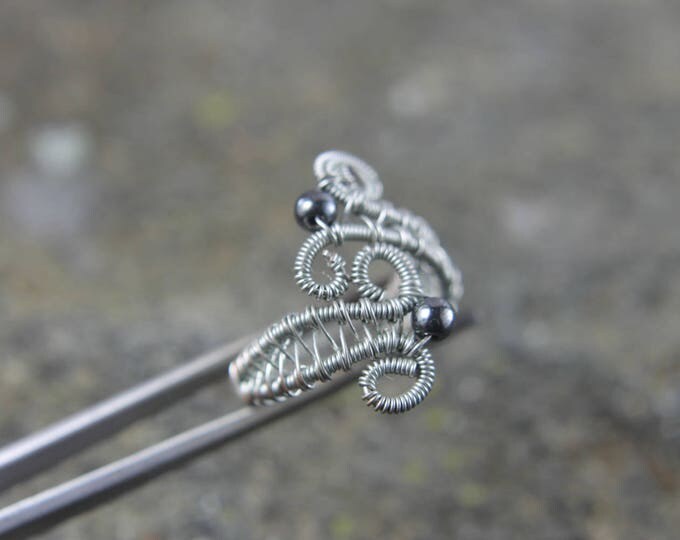 Adjustable Wire Weave Hematite Ring, Large Thumb Ring, Unique Wire Wrap Ring