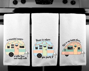 Happy Camper Kitchen Towels / Choice of sizes / Vintage Camper / Terrycloth Towels