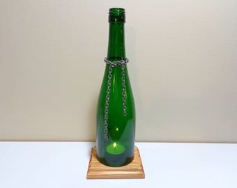 Wine bottle candle holder - Wine bottle light - Natural log decor - Log candle holder - Natural wood decor - Log cabin decor
