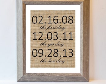 The first day, the yes day, the best day, burlap print, custom, wedding gift, engagement gift