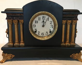 Antique Sessions Black Lion Head 6 Pillar Mantle Clock