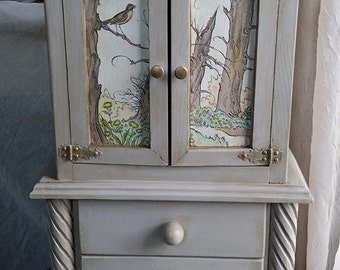 Handcrafted Large Wooden Jewelry Armoire, OOAK Upcycled, Vintage Decoupage, Shabby Chic, Woodland Jewelry Box, Gift for Daughter