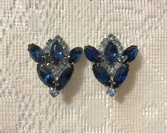 Blue Rhinestone Vintage Clip On Earrings, Prong Set, 1960's, Silver Backing, Ice & Royal Blue