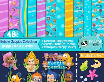 INSTANT DOWNLOAD|| Bubble Guppies Clipart Bundle ||Papers AND cliparts ||48 elements: 37 cliparts + 11 papers||