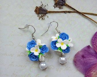 Blue Dangle Earrings flowers polymer clay, Earrings flowers, Flower Jewelry, Statement Earrings, Polymer clay Earrings, Wedding jewelry