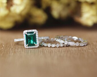 Emerald Ring 6mm*8mm Emerald Shape Ring,Full Eternity Diamonds Band Set in 14K White Gold/Wedding&Engagement Ring/Anniversary Ring/Unique