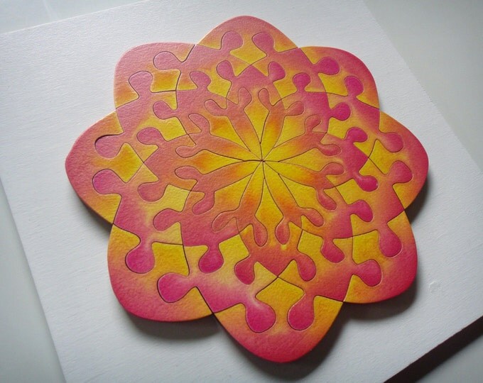 Wooden Puzzle Art: Mandala Flower Sun Shine, Ready To Hang, Sacred Geometry Adult Play Family Gift Handmade, Acrylic On Pieces by Samo Svete