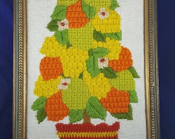 Vintage Needlepoint 70s Artwork Potted Plant Lemon Lime Green Orange Yellow