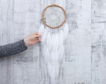 Long White Feather Dreamcatcher - Color Choice - Boho Girls Boys DreamCatcher Wall Hanging Baby Tribal Crib Baby Feathers New Baby nursery