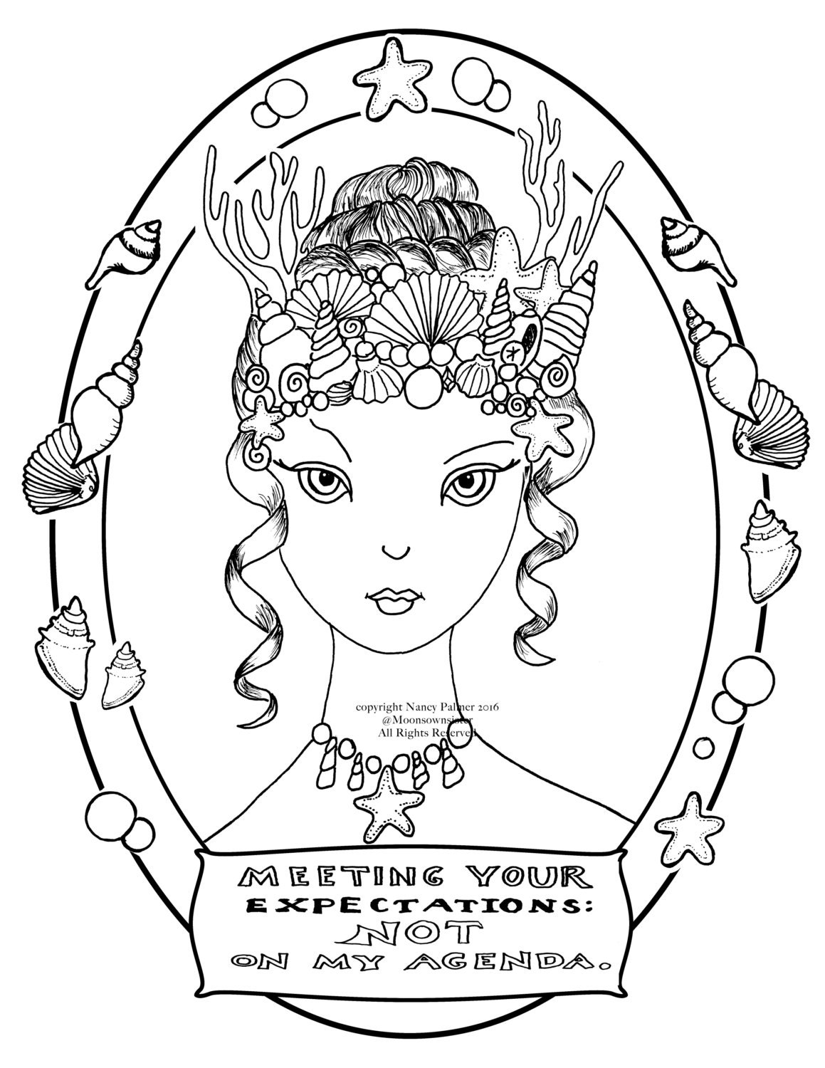 Mermaid Crown Fairy Adult Coloring Page Journal Image Line Art