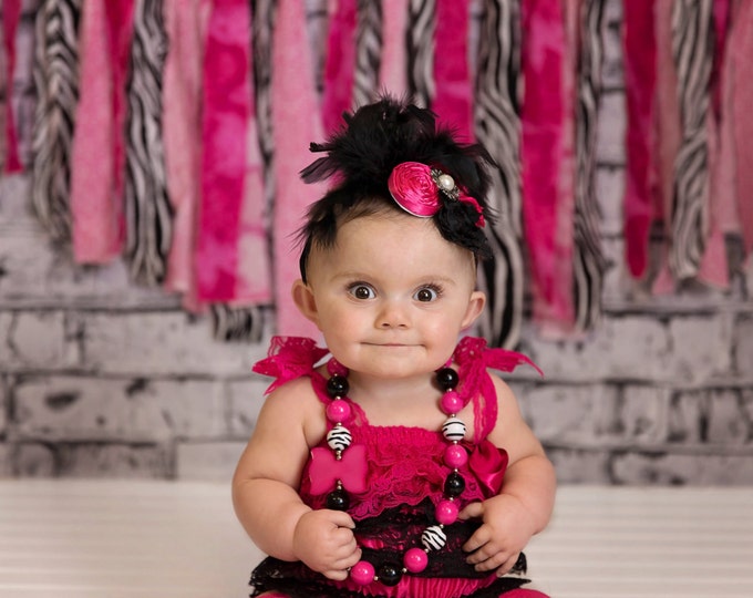 SALE!!! Baby Girls Outfit, Hot Pink romper, pink and black, photo prop, birthday romper, petti romper, cake smash, feather headband