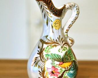 Vintage H. Bequet Quaregnon Pitcher, Vintage H. Bequet Vase, Quaregnon Pitcher, H. Bequet Bird Pitcher