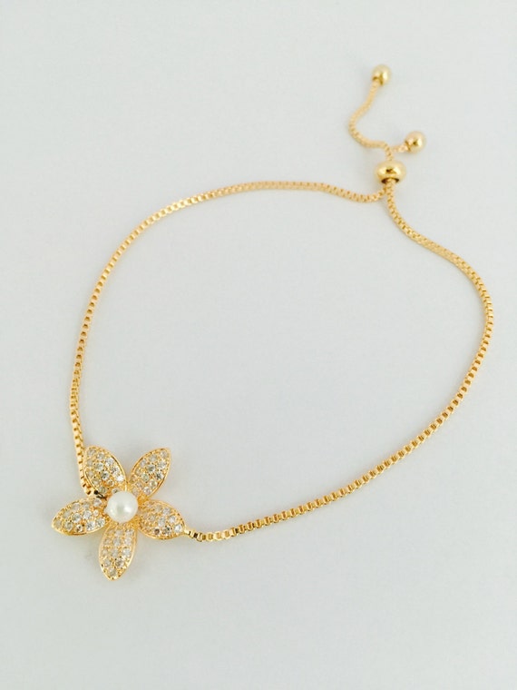 Delicate Gold Flower bracelet with CZ Dainty Gold