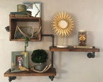 Three Tier Shelf Chunky Industrial Pipe Shelf Wall Shelf Reclaimed Wall Shelf Industrial Wall Shelf Chunky Wood Multi Level Shelf Box Shelf