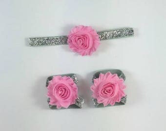 Silver Glitter and Pink Headband and Barefoot Sandals Set Shabby Chic Shabby Flowers Cake Smash Photo Prop Flower Girl Baby Girl Birthday