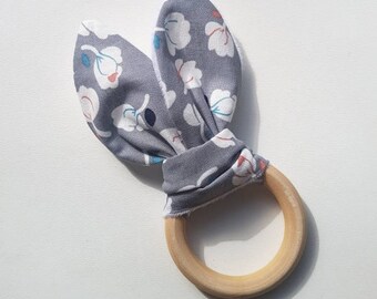 Bunny Ear Teether, Grey Flower Teether, Teething Ring, Wooden Teething Ring, Crinkle Material, Teething