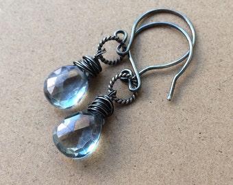 Blue-Green Mystic Quartz Briolette Oxidized Sterling Silver Wire Wrapped Dangle Earrings