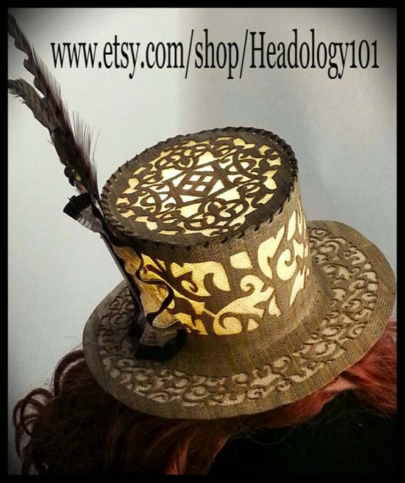 Mini Top Hat, Steampunk Hat, Vintage Coffee labels, Ready to ship Now! Brim Measures 15cm Crown 12cm by Headology101 steampunk buy now online
