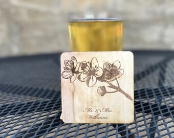 Personalized Laser Engraved Wooden Coaster With Cherry Blossom Design