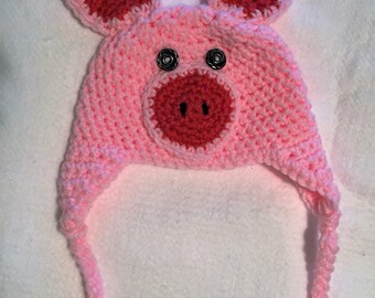 crochet baby pig hat, crochet pig hat, 0-3 month pig hat, pink pig hat, baby pig hat