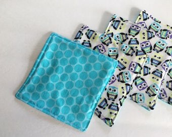 Fabric Coasters, Quilted Coasters, Drink Coasters, Cloth Coasters, Modern Coasters, Owl Coasters, Turquoise Coasters, Owl Decor