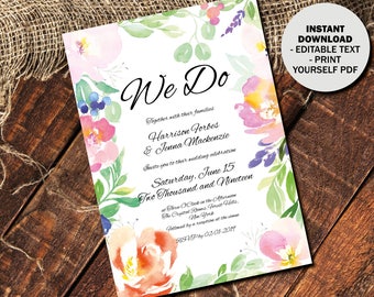 Day Reception Wedding Invitation Template, Printable Editable Wedding Invitation, Watercolor Flowers, Text Editable PDF, Border 4 INV-4