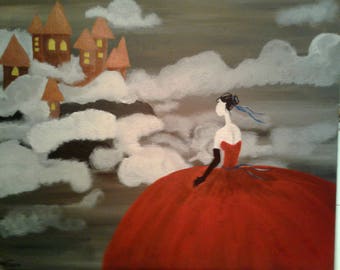 Girl & Castle In The Clouds Acrylic Painting on Gallery style canvas