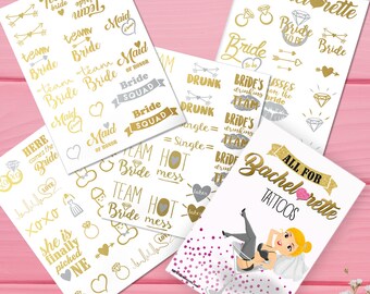 Bachelorette Party Tattoos - Gold Metallic Flash Temporary Tattoos, Set of 66. Bachelorette Party Favors