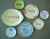 Seven Deadly Sins art assemblage hand painted recycled vintage china plates display sinful decor SALE