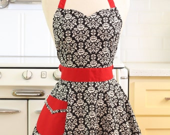 The BELLA Vintage Inspired Black and White Floral Damask with Red Full Apron