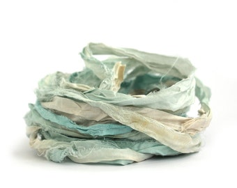 10metres handdyed recycled sari silk ribbon, Waterworld, aqua pale blue cream ecru, textile arts. mixed media