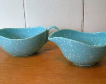 vintage aqua speckled melmac cream and sugar