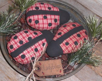 Set of 3 - Primitive - Grungy - Spring Time - Summer - Ladybugs - Ornies - Ornaments - Bowl Fillers - Tucks - Shelf Sitters