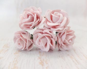 5 pcs - 35mm mulberry paper light pink rose with wire stem - round