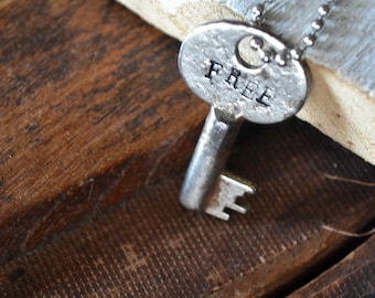 Key of Freedom - Freedom Key - Vintage Key Necklace - Hand-stamped Key - Leather or Chain Necklace