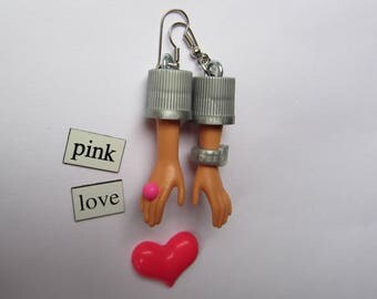 Barbie doll hand earrings - pink ring - silver caps