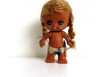 Vintage 1970s Rubber Doll Toy - Made in Hong Kong - Big Eyed Girl Braids - Cute Sassy Emotion Doll