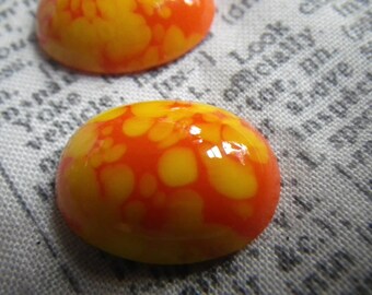 Brilliant Yellow and Orange Organic Spots Vintage 1960s Glass Cabochons 20x15mm 2 Pcs