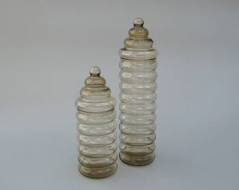 Holmegaard Primula Jars Mid Century Modern Ribbed Glass Jacob Bang Design 14.5 inch and 10 inch Tall Apothecary Storage Jars
