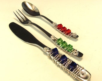 Appetizer Fork, Spoon, and Knife/Set of 3 Beaded Knife Fork and Spoon/Beaded Hors'dourve Utensils/