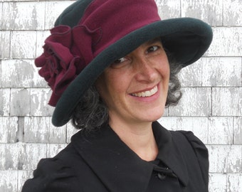 Edwardian Suffragette Hat - Wide Brim Fleece Winter Hat - Forest Green and Burgundy - Margaret