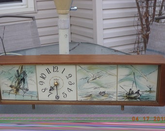 Seth Thomas midcentury fisherman tile panel clock / vintage Seth Thomas clock / sailboat clock with seagulls, vintage time piece