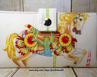Handmade Long Wallet Vegan BiFold Clutch - Carousel horse wallet